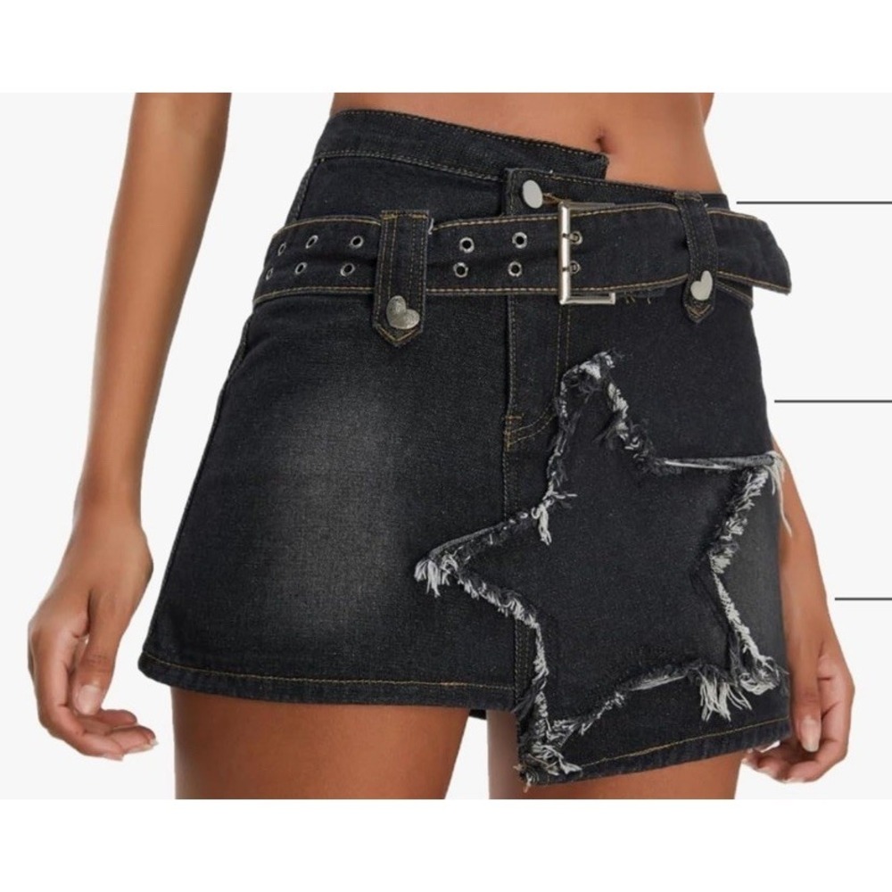 Y2K Black Denim Mini Skirt Asymmetric Star Patchwork Skort with Buckle Belt XS